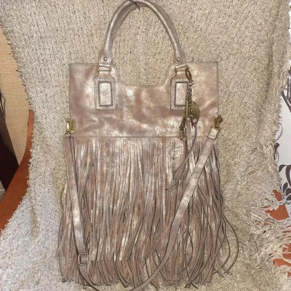 ALDO-Vegan Metallic Taupe Leather-Fringe-BOHO-Foldover Xbody/Handbag-Bag Charms - Picture 1 of 7
